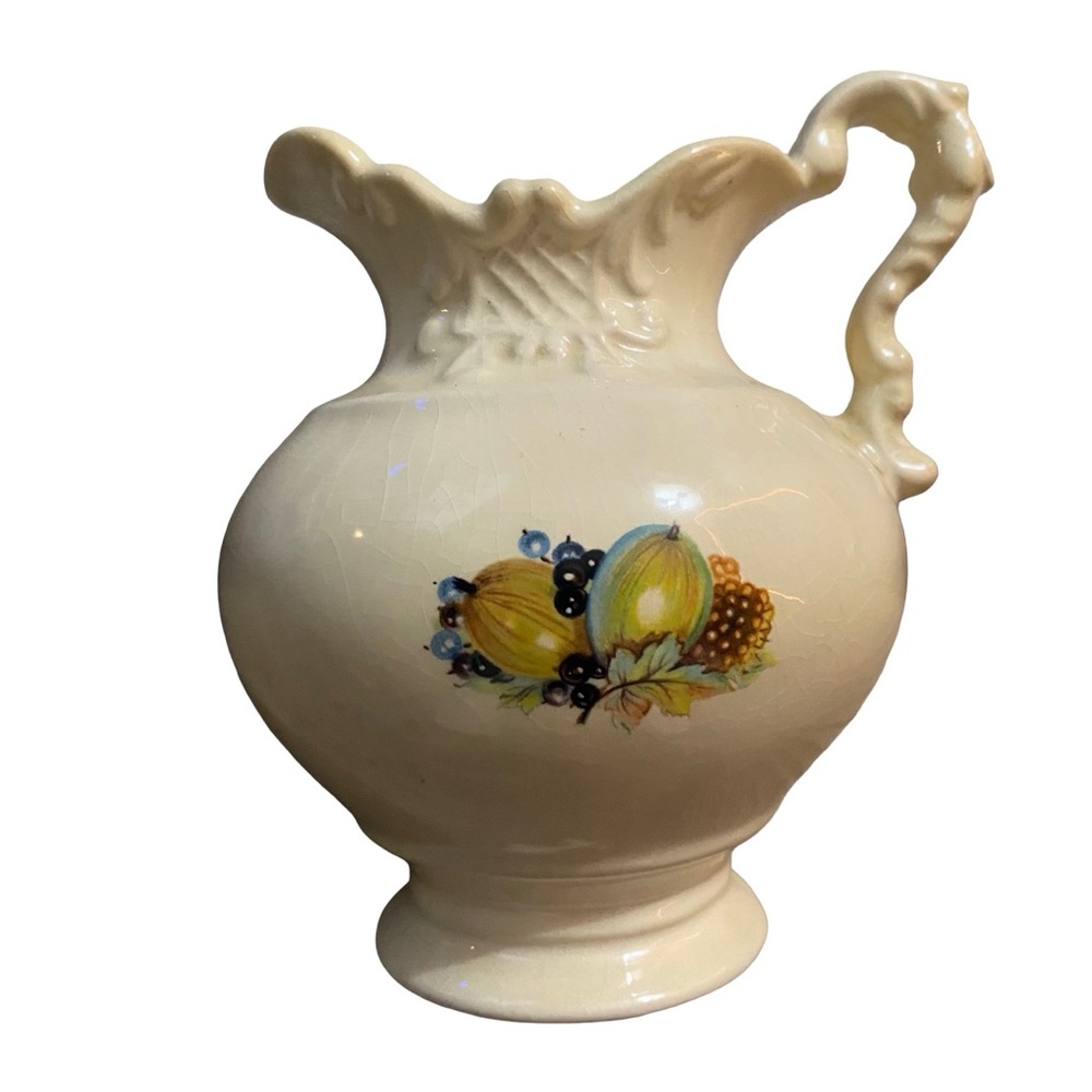 Vintage Ceramic Fruit Pitcher Ivory Glaze Ruffled Rim Farmhouse Decor
